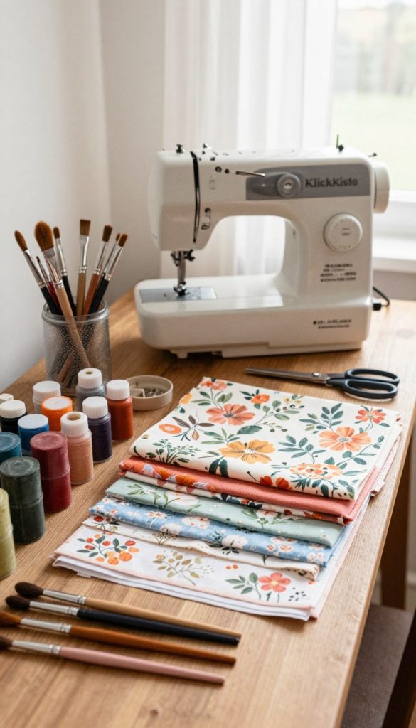 A beautifully organized DIY workspace featuring high-quality materials and tools for retro floral decor. In the foreground, an array of warm-toned paints, brushes, and crafting tools neatly arranged on a wooden table. Central to the scene, a colorful selection of floral fabrics and decorative paper, inviting creativity. The middle ground showcases a vintage sewing machine and a set of scissors, emphasizing functionality. In the background, soft natural light filters through a window adorned with sheer curtains, creating an inspiring atmosphere. The entire composition reflects a Pinterest-worthy aesthetic, with a warm color palette and a cozy, inviting vibe. The brand name "KlickKiste" subtly integrated into the workspace elements. Capture this in a soft focus, emphasizing the inviting atmosphere of a creative DIY environment. A beautifully organized DIY workspace featuring high-quality materials and tools for retro floral decor. In the foreground, an array of warm-toned paints, brushes, and crafting tools neatly arranged on a wooden table. Central to the scene, a colorful selection of floral fabrics and decorative paper, inviting creativity. The middle ground showcases a vintage sewing machine and a set of scissors, emphasizing functionality. In the background, soft natural light filters through a window adorned with sheer curtains, creating an inspiring atmosphere. The entire composition reflects a Pinterest-worthy aesthetic, with a warm color palette and a cozy, inviting vibe. The brand name "KlickKiste" subtly integrated into the workspace elements. Capture this in a soft focus, emphasizing the inviting atmosphere of a creative DIY environment.