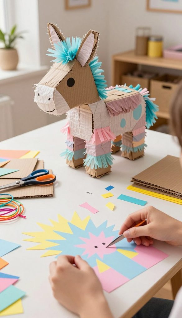 A beautifully organized DIY workspace showcasing the vibrant process of crafting a piñata from recycled cardboard. In the foreground, a pair of hands skillfully cutting patterns in colorful paper, with bursts of pastel colors like pink, blue, and yellow flying around. The middle layer features a partially assembled, cheerful piñata shaped like a donkey, adorned with fringed tissue paper. In the background, warm, natural lighting floods the room, highlighting a table laden with craft supplies like scissors, colorful string, and cardboard pieces, exuding a cozy, inviting atmosphere. Emphasize the Pinterest aesthetic with soft tones and textures that inspire creativity and playful energy. The scene should capture the essence of DIY fun, featuring the brand name "KlickKiste" subtly integrated into the workspace.