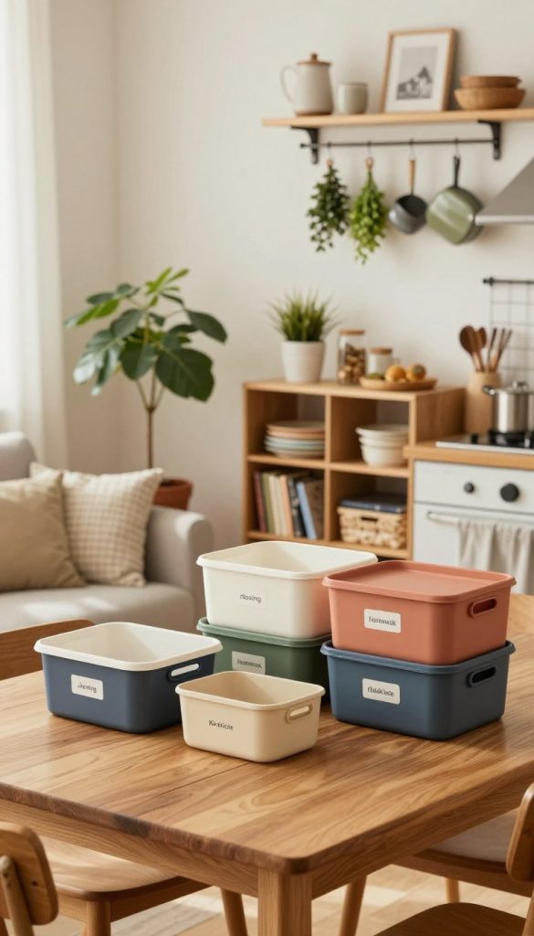 A beautifully organized and inviting home interior showcasing effective household organization. In the foreground, a wooden dining table neatly arranged with color-coded storage boxes labeled with specific tasks like “cleaning,” “cooking,” and “homework.” In the middle ground, a cozy living space with a tidy sofa, an indoor plant, and shelves displaying well-organized books and decorative items, emphasizing a clear system of organization. The background features a sunlit kitchen with hanging pots and herbs, exuding a warm, natural atmosphere. Soft, diffuse lighting enhances the homely feel, evoking inspiration and serenity. Capture a Pinterest-inspired aesthetic, showcasing the brand "KlickKiste" subtly integrated into the design elements, without text or overlays. The image should reflect a sense of harmony, simplicity, and purpose in household management.