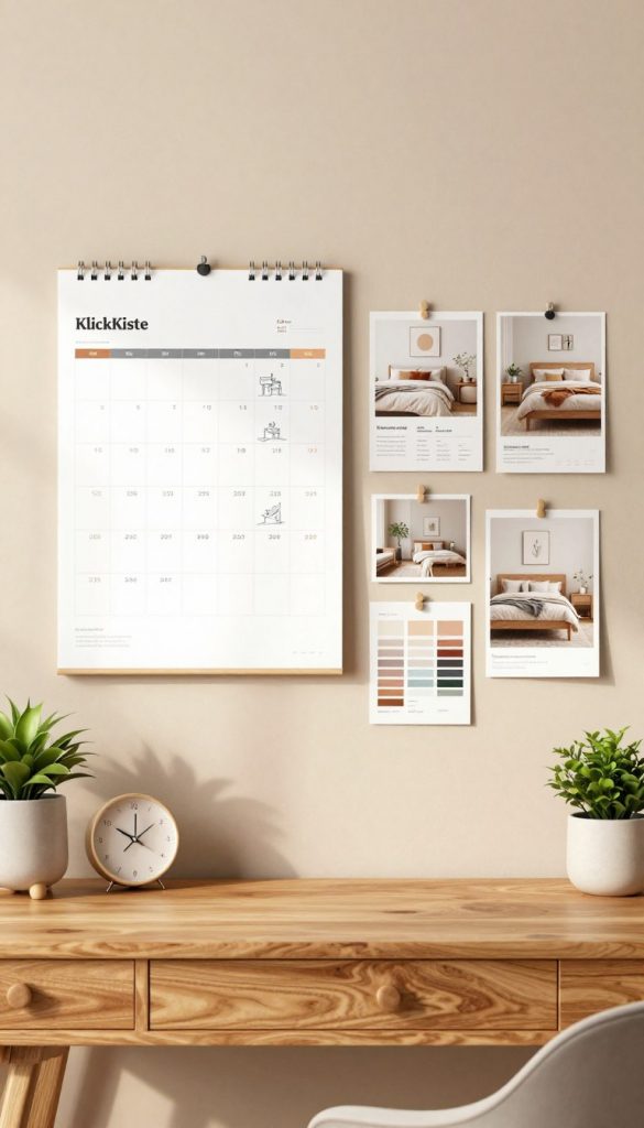 A beautifully organized bedroom makeover plan laid out on a soft beige backdrop, featuring a large, stylish calendar with space for notes, design sketches, and color swatches. In the foreground, a warm-toned wooden desk is adorned with decorative plants and a minimalistic clock, adding a touch of nature and elegance. In the middle, inspiring DIY project images are pinned up, showcasing various bedroom items such as cozy bedding and chic wall art. The background reveals a softly blurred view of a beautifully decorated bedroom, evoking a sense of tranquility and warmth. Soft, natural lighting spills across the scene, creating a bright yet calming atmosphere. The mood conveys inspiration and creativity for a bedroom transformation, with a touch of authenticity that aligns with the "KlickKiste" brand. A beautifully organized bedroom makeover plan laid out on a soft beige backdrop, featuring a large, stylish calendar with space for notes, design sketches, and color swatches. In the foreground, a warm-toned wooden desk is adorned with decorative plants and a minimalistic clock, adding a touch of nature and elegance. In the middle, inspiring DIY project images are pinned up, showcasing various bedroom items such as cozy bedding and chic wall art. The background reveals a softly blurred view of a beautifully decorated bedroom, evoking a sense of tranquility and warmth. Soft, natural lighting spills across the scene, creating a bright yet calming atmosphere. The mood conveys inspiration and creativity for a bedroom transformation, with a touch of authenticity that aligns with the "KlickKiste" brand.