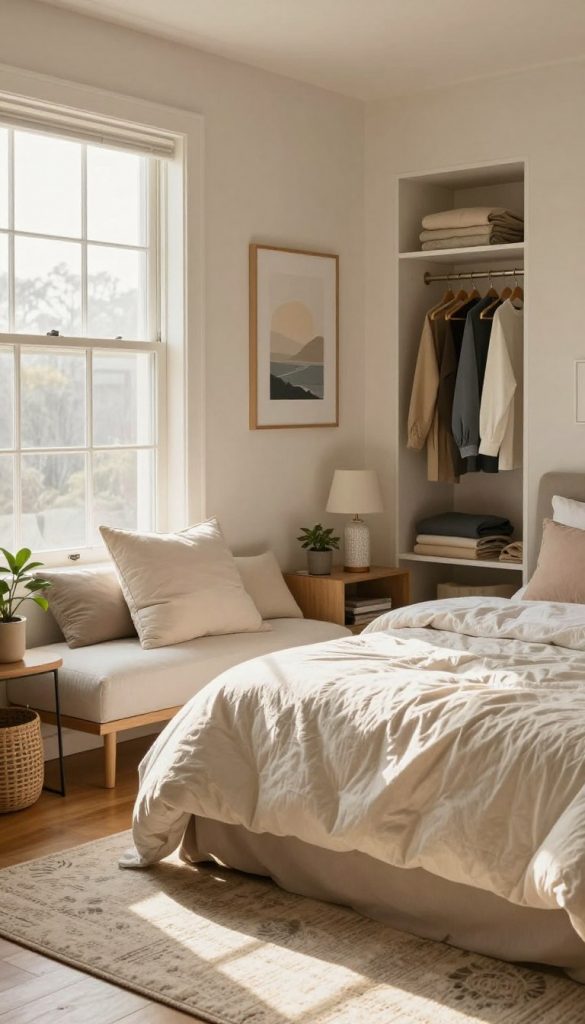 A beautifully organized bedroom with a bright, inviting atmosphere, featuring soft natural lighting that streams in through large windows, casting warm golden tones across the room. In the foreground, a cozy bed with thick, fluffy pillows and a stylish, neutral-toned duvet. A curated selection of decor on a bedside table, including a small plant, a decorative lamp, and a few books, suggesting a clutter-free yet personalized space. In the middle, a stylish area rug complements the hardwood floor, while fresh artwork hangs on the walls, reflecting calm and serenity. In the background, a neatly arranged closet with a mix of hangers and neatly folded clothes peeking out. The overall mood is authentic, inspiring, and DIY-friendly, embodying the brand "KlickKiste" aesthetic. A beautifully organized bedroom with a bright, inviting atmosphere, featuring soft natural lighting that streams in through large windows, casting warm golden tones across the room. In the foreground, a cozy bed with thick, fluffy pillows and a stylish, neutral-toned duvet. A curated selection of decor on a bedside table, including a small plant, a decorative lamp, and a few books, suggesting a clutter-free yet personalized space. In the middle, a stylish area rug complements the hardwood floor, while fresh artwork hangs on the walls, reflecting calm and serenity. In the background, a neatly arranged closet with a mix of hangers and neatly folded clothes peeking out. The overall mood is authentic, inspiring, and DIY-friendly, embodying the brand "KlickKiste" aesthetic.