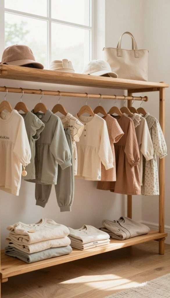 A beautifully organized capsule wardrobe for parents and children displayed in a cozy, minimalist room. In the foreground, neatly hung clothes and folded items showcase a harmonious palette of soft, pastel colors, featuring simple yet stylish pieces like shirts, pants, dresses, and accessories. In the middle, a rustic wooden shelf subtly complements the wardrobe, housing neatly stored accessories like hats and bags, all elegantly arranged. The background reveals a warm, inviting atmosphere with natural light streaming through a large window, illuminating the space and casting soft shadows. The images evoke feelings of simplicity and inspiration, reflecting a Pinterest-worthy aesthetic. The brand "KlickKiste" is subtly represented within the clothing or accessories, reinforcing the concept of minimalism in family life while maintaining an inviting, authentic feel. A beautifully organized capsule wardrobe for parents and children displayed in a cozy, minimalist room. In the foreground, neatly hung clothes and folded items showcase a harmonious palette of soft, pastel colors, featuring simple yet stylish pieces like shirts, pants, dresses, and accessories. In the middle, a rustic wooden shelf subtly complements the wardrobe, housing neatly stored accessories like hats and bags, all elegantly arranged. The background reveals a warm, inviting atmosphere with natural light streaming through a large window, illuminating the space and casting soft shadows. The images evoke feelings of simplicity and inspiration, reflecting a Pinterest-worthy aesthetic. The brand "KlickKiste" is subtly represented within the clothing or accessories, reinforcing the concept of minimalism in family life while maintaining an inviting, authentic feel.
