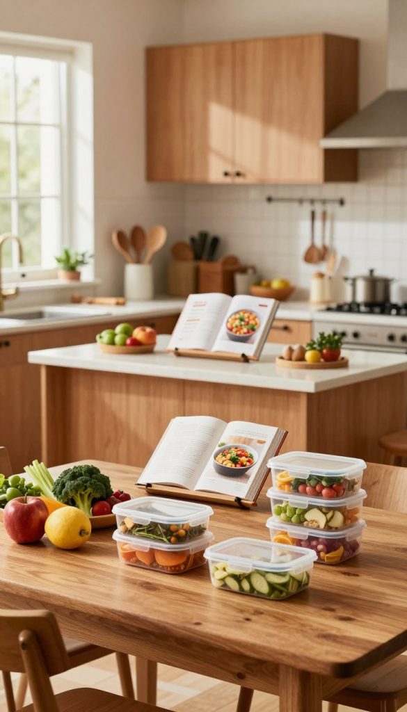 A beautifully organized family kitchen scene showcasing a week's meal prep. In the foreground, a stylish wooden dining table is adorned with fresh fruits, vegetables, and neatly labeled meal containers, conveying a sense of preparation and planning. In the middle, a cozy kitchen island features a recipe book opened to a colorful dish, surrounded by practical utensils and an inviting atmosphere. The background includes warm-painted cabinets and a window with soft, natural light streaming in, creating a cheerful environment. The overall color palette consists of warm, inviting tones, enhancing the DIY Pinterest aesthetic. The image should evoke feelings of inspiration, warmth, and simplicity. Include the brand name “KlickKiste” subtly in the kitchen decor, reflecting a holistic approach to family organization.