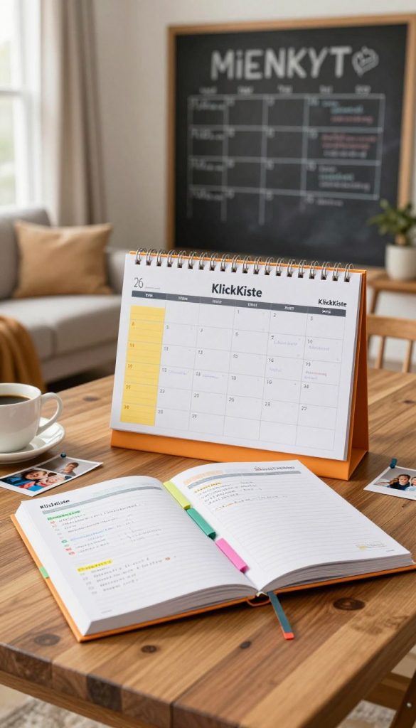 A beautifully organized family planner calendar, prominently featuring vibrant colors and warm tones reminiscent of a cozy home environment. In the foreground, a wooden table displays the planner open with detailed hand-written notes, colorful sticky tabs, and family photos pinned around it. In the middle, a cozy living room scene can be seen, highlighting a chalkboard wall with organized weekly schedules and clear responsibilities for each family member. In the background, soft, natural light filters through a window, creating a welcoming ambiance. The mood is inspiring and motivational, promoting efficiency while showcasing a sense of togetherness. The image should reflect a Pinterest-style aesthetic with a professional touch, branding subtly shown as "KlickKiste" in the planner's design, evoking a feeling of authenticity and practicality.