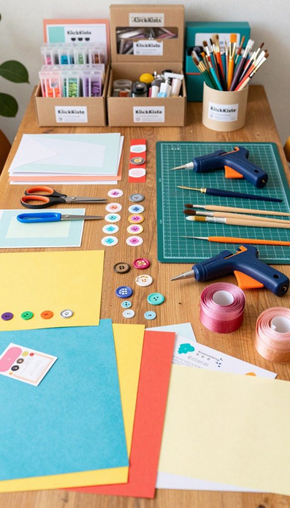 A beautifully organized flat lay featuring a variety of DIY crafting materials and tools on a wooden table. In the foreground, display vibrant colored papers, ribbons, and small decorative items like buttons and stickers. In the middle, showcase essential tools such as scissors, a glue gun, a cutting mat, and a variety of brushes. The background should include neatly arranged boxes labeled "KlickKiste" filled with different crafting supplies, emphasizing an inviting and creative atmosphere. Use soft, warm lighting to create a cozy, motivating mood that inspires DIY projects. The overall composition should evoke a Pinterest aesthetic, blending authentic yet vibrant colors, ideal for an inspiring DIY article.