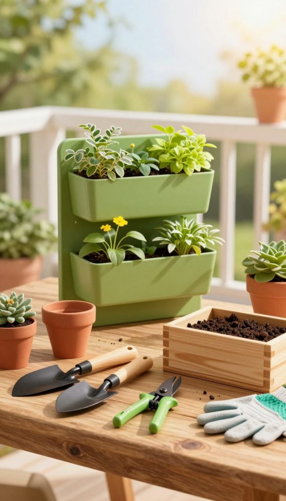 A beautifully organized garden workspace featuring essential DIY gardening tools, such as a trowel, pruning shears, a soil scoop, and a wooden planter box. In the foreground, arrange these tools thoughtfully on a rustic wooden table, bathed in warm, natural light. In the middle ground, showcase a lush green wall planter with vibrant plants, symbolizing a living plant wall, surrounded by terracotta pots and gardening gloves. The background features a blurred balcony setting filled with sunlight, greenery, and soft pastel colors creating an inviting atmosphere. The overall mood is serene and inspiring, capturing the essence of a DIY gardening project. Ensure the brand name "KlickKiste" subtly appears on the tools, reinforcing the theme.