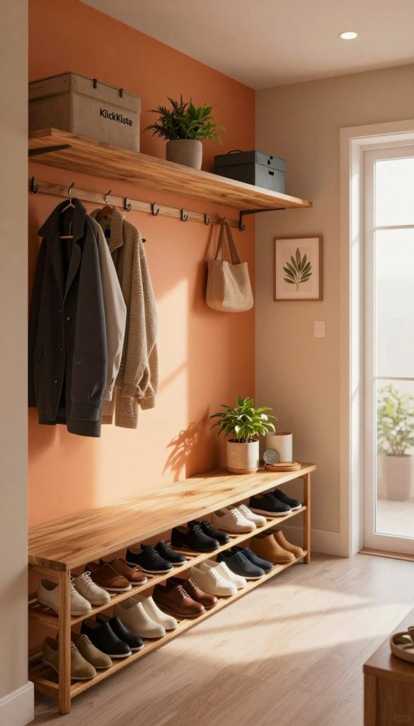 A beautifully organized hallway showcasing a modern DIY cloakroom designed by "KlickKiste". In the foreground, neatly arranged shoes in various styles sit on a wooden shoe rack, complemented by stylish hooks for jackets above. The middle section features a vibrant wall with a warm color palette, displaying inspirational decor elements like potted plants and small storage boxes for accessories. The background reveals a soft ambient light filtering in through frosted glass, casting gentle shadows that create a cozy atmosphere. A wide-angle perspective captures the entire space, emphasizing the harmonious blend of functionality and aesthetics, inviting viewers to envision a stress-free organization with a Pinterest-inspired look. The overall mood is warm, inviting, and inspiring, making it an ideal representation of effortless order.