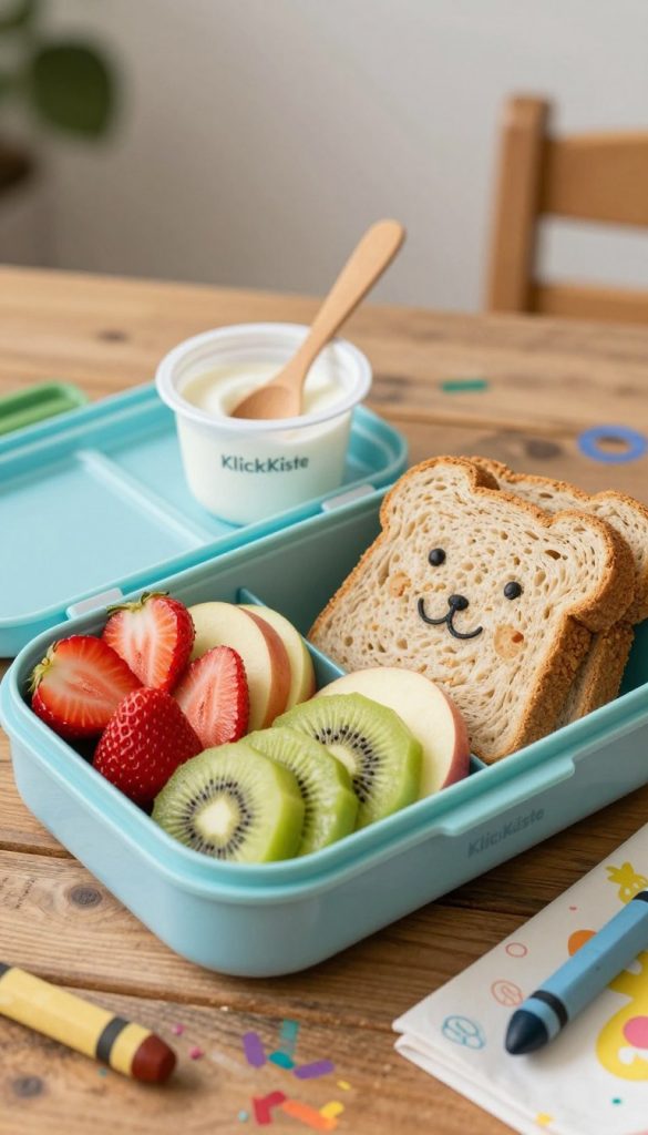 A beautifully organized kindergarten lunchbox displays a variety of healthy snacks that are colorful and enticing. In the foreground, focus on vibrant portions of sliced fruits like strawberries, apples, and kiwi, alongside bite-sized whole grain sandwiches cut into fun shapes. A small container of yogurt with a wooden spoon adds freshness. In the middle background, soft natural lighting creates a warm atmosphere, enhancing the inviting colors of the food. The lunchbox sits on a rustic wooden table, surrounded by playful elements like crayon drawings and a colorful napkin. The composition conveys a sense of love and care in food preparation, perfect for young children. The overall mood is cheerful and inspiring, fitting the theme of healthy eating for kids. The brand name "KlickKiste" subtly incorporated in the lunchbox design adds a touch of authenticity, embodying a homey Pinterest aesthetic.