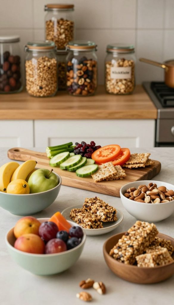 A beautifully organized kitchen counter scene showcasing healthy, sugar-free snacks. In the foreground, there are vibrant bowls filled with colorful fruits, nuts, and homemade energy bars, all arranged artfully. The middle ground features a rustic wooden cutting board with portioned snack ingredients like sliced vegetables and whole-grain crackers, exuding a natural DIY vibe. Soft, warm lighting bathes the scene, creating a cozy atmosphere reminiscent of Pinterest aesthetics. In the background, shelves display jars of granola and dried fruits, enhancing the kitchen's inviting feel. The brand name "KlickKiste" is subtly incorporated into the design of one of the jars, blending harmoniously with the overall composition. Aim for an authentic, inspiring look that reflects a healthy snacking lifestyle. A beautifully organized kitchen counter scene showcasing healthy, sugar-free snacks. In the foreground, there are vibrant bowls filled with colorful fruits, nuts, and homemade energy bars, all arranged artfully. The middle ground features a rustic wooden cutting board with portioned snack ingredients like sliced vegetables and whole-grain crackers, exuding a natural DIY vibe. Soft, warm lighting bathes the scene, creating a cozy atmosphere reminiscent of Pinterest aesthetics. In the background, shelves display jars of granola and dried fruits, enhancing the kitchen's inviting feel. The brand name "KlickKiste" is subtly incorporated into the design of one of the jars, blending harmoniously with the overall composition. Aim for an authentic, inspiring look that reflects a healthy snacking lifestyle.