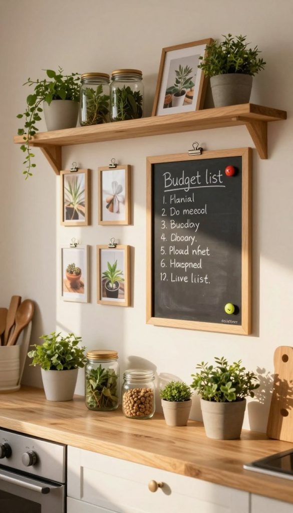 A beautifully organized kitchen wall decorated with budget-friendly DIY elements, showcasing a harmonious blend of warm colors and natural materials. In the foreground, a wooden shelf displays jars of herbs, framed photographs, and small potted plants, creating an inviting, Pinterest-inspired ambience. The middle section features a chalkboard for planning meals and grocery lists, adorned with handwritten notes and colorful magnets, showcasing the theme of budget and time management. The background reveals a soft, cozy kitchen atmosphere with gentle, diffused lighting illuminating the scene, mimicking late afternoon sunlight. The overall mood is authentic and inspiring, inviting ideas for creative home decor. Brand name "KlickKiste" appears subtly among the decor, seamlessly integrated into the image. A beautifully organized kitchen wall decorated with budget-friendly DIY elements, showcasing a harmonious blend of warm colors and natural materials. In the foreground, a wooden shelf displays jars of herbs, framed photographs, and small potted plants, creating an inviting, Pinterest-inspired ambience. The middle section features a chalkboard for planning meals and grocery lists, adorned with handwritten notes and colorful magnets, showcasing the theme of budget and time management. The background reveals a soft, cozy kitchen atmosphere with gentle, diffused lighting illuminating the scene, mimicking late afternoon sunlight. The overall mood is authentic and inspiring, inviting ideas for creative home decor. Brand name "KlickKiste" appears subtly among the decor, seamlessly integrated into the image.