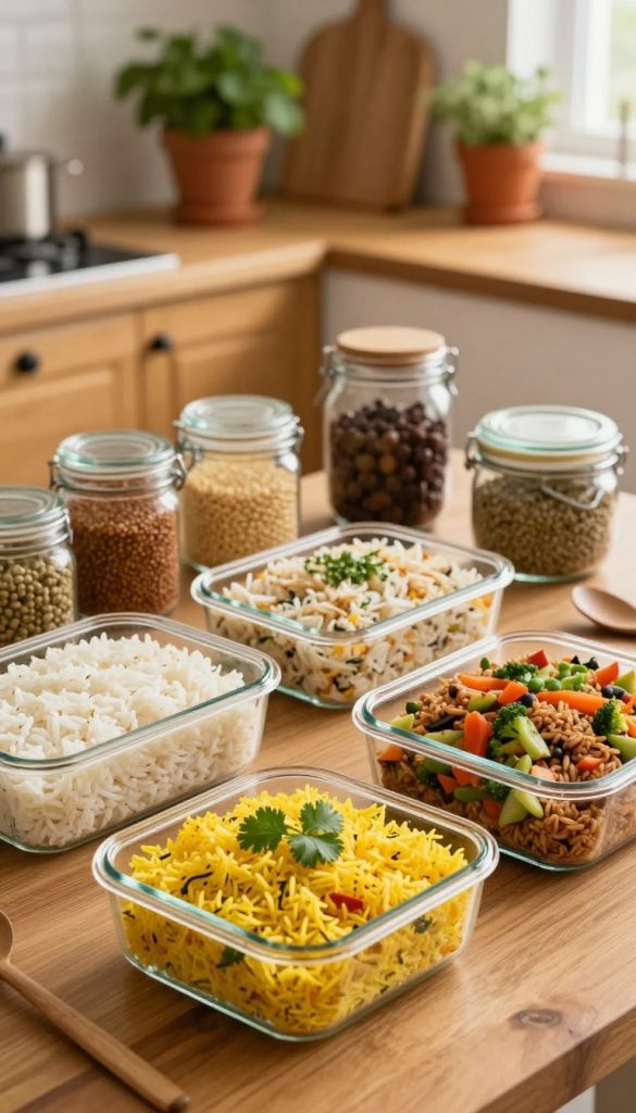 A beautifully organized meal prep scene centered around various rice dishes, showcasing a wooden kitchen table adorned with clear glass containers filled with colorful, healthy rice meals. In the foreground, a vibrant bowl of saffron rice topped with cilantro, alongside another container featuring a mixed vegetable stir-fry with brown rice. In the middle ground, several neatly labeled jars with whole grains and spices, arranged artistically. The background features soft-focus kitchen elements like a warm wooden cabinet and fresh herbs in terracotta pots, enhancing the homey atmosphere. The lighting is warm and inviting, mimicking natural sunlight filtering through a window, creating an authentic DIY aesthetic. The overall mood is inspiring and cozy, perfectly reflecting KlickKiste's philosophy of simplicity and deliciousness in family meals. A beautifully organized meal prep scene centered around various rice dishes, showcasing a wooden kitchen table adorned with clear glass containers filled with colorful, healthy rice meals. In the foreground, a vibrant bowl of saffron rice topped with cilantro, alongside another container featuring a mixed vegetable stir-fry with brown rice. In the middle ground, several neatly labeled jars with whole grains and spices, arranged artistically. The background features soft-focus kitchen elements like a warm wooden cabinet and fresh herbs in terracotta pots, enhancing the homey atmosphere. The lighting is warm and inviting, mimicking natural sunlight filtering through a window, creating an authentic DIY aesthetic. The overall mood is inspiring and cozy, perfectly reflecting KlickKiste's philosophy of simplicity and deliciousness in family meals.