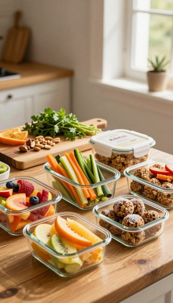 A beautifully organized meal prep scene featuring an assortment of sugar-free snacks in glass containers. The foreground showcases colorful, healthy options such as sliced fruits, vegetable sticks, and homemade energy bites, all neatly arranged on a wooden kitchen counter. In the middle, a rustic cutting board displays fresh herbs and nuts, enhancing the inviting atmosphere. The background features warm natural light streaming through a window, casting soft shadows that create a cozy ambiance. The overall mood is inspiring and vibrant, perfectly capturing a healthy lifestyle. The scene should exude a Pinterest-like aesthetic, with warm colors that evoke a sense of authenticity. Include branded elements from "KlickKiste" subtly in the design, ensuring a professional and appealing appearance. A beautifully organized meal prep scene featuring an assortment of sugar-free snacks in glass containers. The foreground showcases colorful, healthy options such as sliced fruits, vegetable sticks, and homemade energy bites, all neatly arranged on a wooden kitchen counter. In the middle, a rustic cutting board displays fresh herbs and nuts, enhancing the inviting atmosphere. The background features warm natural light streaming through a window, casting soft shadows that create a cozy ambiance. The overall mood is inspiring and vibrant, perfectly capturing a healthy lifestyle. The scene should exude a Pinterest-like aesthetic, with warm colors that evoke a sense of authenticity. Include branded elements from "KlickKiste" subtly in the design, ensuring a professional and appealing appearance.