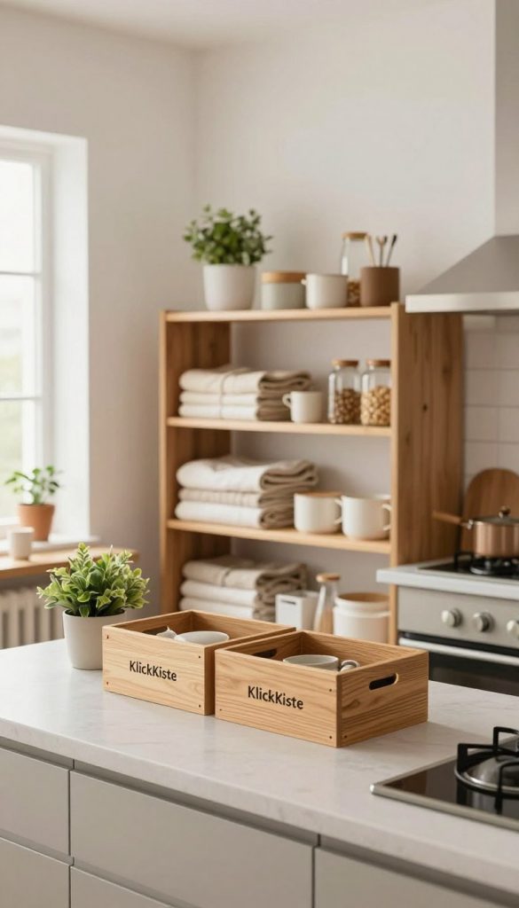 A beautifully organized minimalist household space illustrating effective organization tips. In the foreground, a tidy kitchen countertop features elegant wooden storage boxes labeled for easy access and small indoor plants adding a touch of nature. In the middle, a well-arranged open shelving unit displays neatly folded textiles and kitchen essentials, all in warm, earthy tones radiating calmness. The background showcases a bright, airy room with diffused natural light streaming through a window, creating a serene ambiance. The atmosphere is inspiring and inviting, encouraging a sense of order and tranquility. The overall scene has a DIY aesthetic, reminiscent of Pinterest inspiration, and subtly incorporates the brand name "KlickKiste" through tasteful product placement.