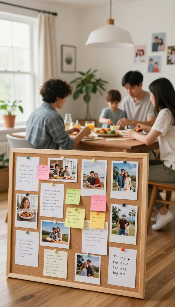 A beautifully organized vision board in a cozy family environment, featuring a mix of inspirational images, handwritten notes, and colorful sticky notes. In the foreground, a large corkboard is filled with pictures representing family goals, recipes, travel destinations, and motivational quotes, all displayed with a practical structure. The middle ground showcases a well-lit room with a wooden table, where a family is engaged in a collaborative session, adding items to the board. They are dressed in modest casual clothing, exuding a warm, inviting atmosphere. The background is softly blurred, showing a homey space with plants and family photos, enhanced by natural light streaming through a window, creating a Pinterest-inspired aesthetic. Capture the feel of warmth and authenticity, reminiscent of a DIY project by "KlickKiste".