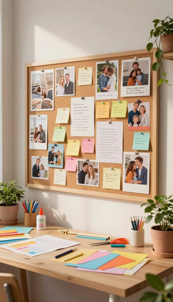 A beautifully organized vision board set in a cozy, well-lit room, featuring a large corkboard filled with inspiring images, family goals, motivational quotes, and colorful sticky notes. In the foreground, a neatly arranged workspace with crafting materials: scissors, glue, and colorful paper, all artistically scattered. The middle ground includes the vision board prominently displayed on the wall, surrounded by potted plants and a warm, inviting atmosphere. The background shows soft, natural lighting filtering through a window, casting gentle shadows. The overall mood is motivational and serene, embodying the DIY aesthetic with warm colors, evoking a sense of inspiration and order. Include subtle branding elements of "KlickKiste" creatively integrated into the design.