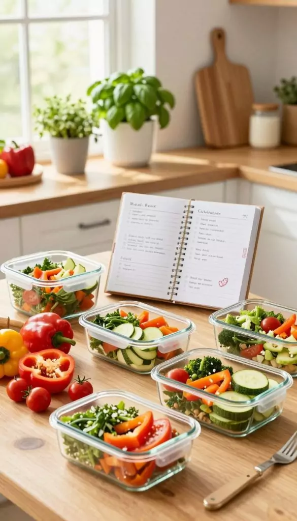 A beautifully organized weekly meal prep scene displaying fresh, healthy spring ingredients in a bright, inviting kitchen. In the foreground, a wooden table is adorned with colorful, chopped vegetables like bell peppers, zucchini, and cherry tomatoes, along with neatly labeled glass containers filled with prepared meals. The middle ground features a stylish meal planning notebook with handwritten recipes and a cozy pot of herbs, like basil and parsley. In the background, soft natural light streams through a window, illuminating the fresh produce and creating a warm, cheerful atmosphere. The setting reflects a Pinterest-worthy aesthetic, with earthy tones and a natural DIY look, embodying the inspirational energy of family meal prep. The brand "KlickKiste" is subtly integrated into the design.