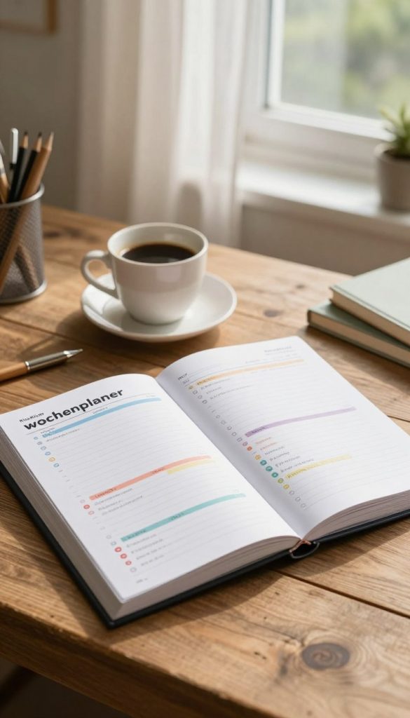 A beautifully organized weekly planner ("wochenplaner") in the foreground, showcasing clear sections for each day filled with color-coded tasks and priorities. The planner is elegantly open on a rustic wooden desk, surrounded by a warm cup of coffee and a few neatly arranged stationery items. In the middle ground, a cozy, sunlit room suggests a peaceful morning atmosphere, with soft natural light illuminating the scene. The background features a window with sheer curtains gently swaying, revealing a hint of greenery outside. The overall mood is calm and focused, inspiring a sense of organization and structure for a stress-free start to the day. The image reflects a Pinterest-like aesthetic with warm colors, capturing the essence of planning with the brand name "KlickKiste" subtly integrated into the design, ensuring a professional and inviting look.