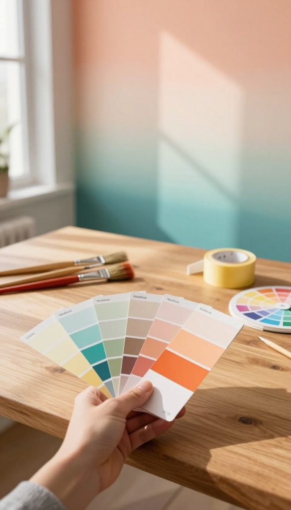 A beautifully organized workspace featuring color swatches arranged in a fan shape, showcasing various warm tones ideal for a gradient wall technique. In the foreground, a hand reaches for a vibrant paint sample, accentuating the focus on color selection. The middle section presents an elegant wooden table with painter's tools including brushes, painter's tape, and a color wheel, emphasizing the planning process. In the background, a softly lit wall displays a gradient of hues transitioning from deep teal at the bottom to soft peach at the top, creating a soothing atmosphere. The scene is illuminated with warm, natural sunlight pouring through a nearby window, casting gentle shadows. The overall mood is inspiring and inviting, echoing a Pinterest-inspired aesthetic, featuring the brand name "KlickKiste" subtly integrated into the tools.