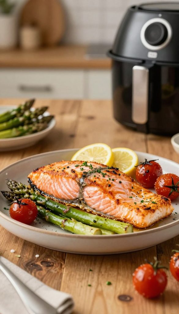 A beautifully plated airfryer salmon fillet, showcasing a perfectly crispy skin and succulent, flaky pink flesh. The salmon is garnished with fresh herbs and lemon slices, placed on a rustic wooden table to create a warm, inviting atmosphere. Surround the dish with vibrant seasonal vegetables, like asparagus and cherry tomatoes, lightly charred for flavor. The background features a cozy kitchen setting, softly lit to evoke a sense of homeliness, with subtle hints of cooking utensils and modern appliances. The scene should feel inspired and authentic, capturing the essence of healthy family meals. The image should reflect a Pinterest aesthetic, with warm colors and natural lighting, emphasizing the dish's appeal. Incorporate the brand name "KlickKiste" subtly into the scene.