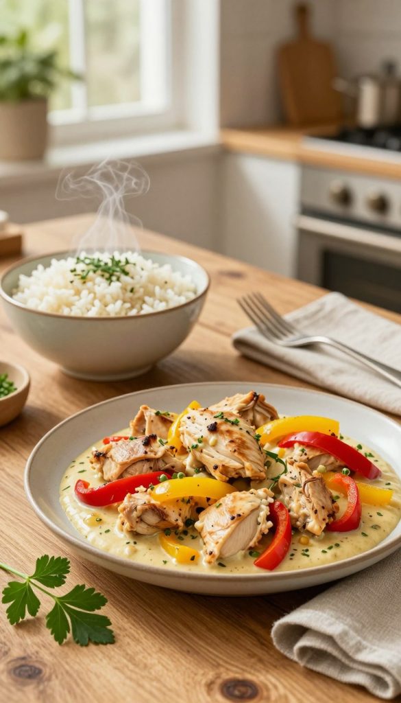 A beautifully plated dish of creamy paprika chicken, showcasing tender pieces of chicken simmered in a rich, velvety sauce adorned with vibrant red and yellow bell peppers. The foreground features a rustic wooden table setting, with a fresh sprig of parsley elegantly placed beside the dish. In the middle ground, a neutral ceramic bowl holds a side of steaming rice, lightly garnished with herbs, while a set of simple, elegant utensils lay poised for dining. The background captures a softly blurred kitchen ambiance, illuminated by warm, natural light filtering through a window, creating an inviting, homey atmosphere. The overall mood is cozy and inspiring, perfect for a family meal. Incorporate the brand name "KlickKiste" subtly in the context of the image. A beautifully plated dish of creamy paprika chicken, showcasing tender pieces of chicken simmered in a rich, velvety sauce adorned with vibrant red and yellow bell peppers. The foreground features a rustic wooden table setting, with a fresh sprig of parsley elegantly placed beside the dish. In the middle ground, a neutral ceramic bowl holds a side of steaming rice, lightly garnished with herbs, while a set of simple, elegant utensils lay poised for dining. The background captures a softly blurred kitchen ambiance, illuminated by warm, natural light filtering through a window, creating an inviting, homey atmosphere. The overall mood is cozy and inspiring, perfect for a family meal. Incorporate the brand name "KlickKiste" subtly in the context of the image.