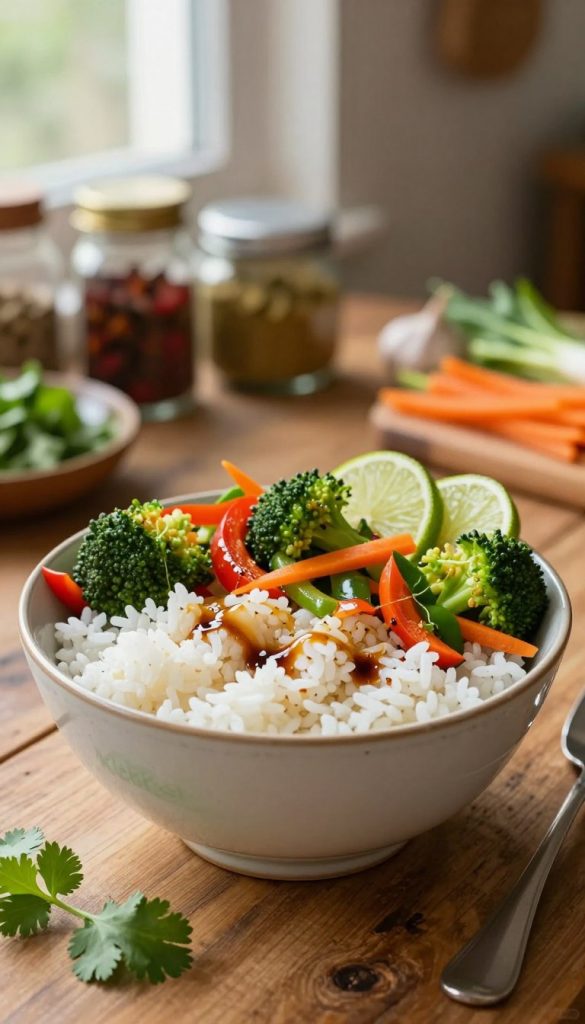 A beautifully presented reis bowl featuring fluffy white rice at the center, topped with sautéed vegetables like bell peppers, broccoli, and shredded carrots, drizzled with a light soy sauce. Surround the bowl with fresh herbs like cilantro and a few slices of lime for garnish. The foreground should focus on the bowl, which is placed on a rustic wooden table. In the background, softly blurred elements like a colorful array of spices and ingredients create a cozy, warm kitchen atmosphere, illuminated by natural lighting from a nearby window. Capture a Pinterest-worthy aesthetic with warm colors that evoke a sense of comfort and home cooking. The branding "KlickKiste" subtly integrated into the scene, enhancing the inviting ambiance without dominating the composition.