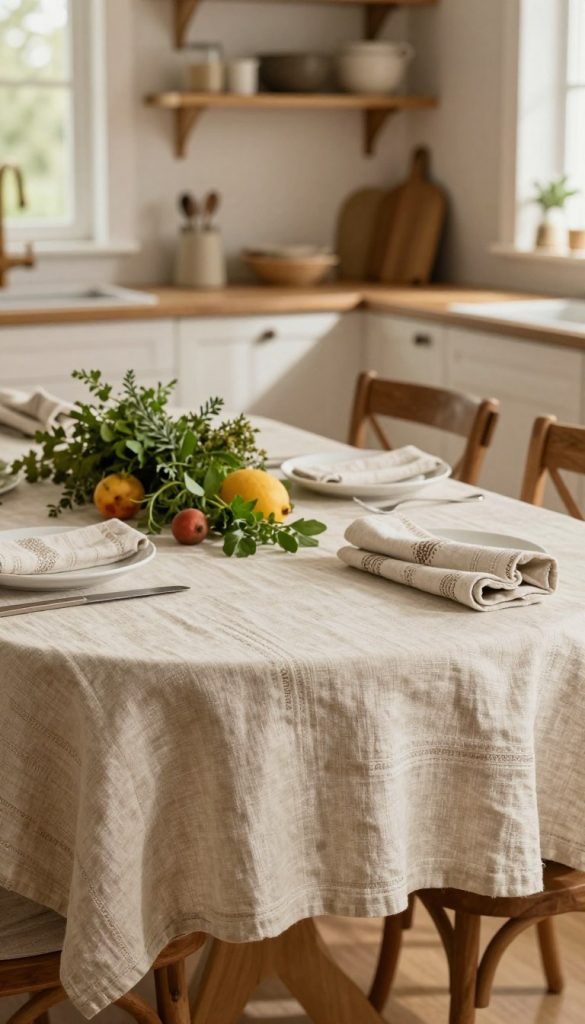 A beautifully set kitchen dining table featuring sustainable linen tablecloths and napkins, designed with a warm color palette of earthy tones. The foreground showcases the intricately textured linen, adorned with subtle patterns, while a cascading arrangement of fresh herbs and seasonal fruits decorates the center. In the middle ground, rustic wooden chairs complement the table, creating an inviting atmosphere. The background reveals a cozy kitchen setting with open shelves showcasing eco-friendly kitchenware. Soft, natural lighting filters through a window, casting gentle shadows and enhancing the inviting mood. Capture this scene with a soft focus lens that emphasizes the textures of the linen and the warmth of the space, embodying a Pinterest-worthy aesthetic. Featuring the brand name "KlickKiste", the overall image feels authentic and inspiring, perfect for sustainable home decor enthusiasts.