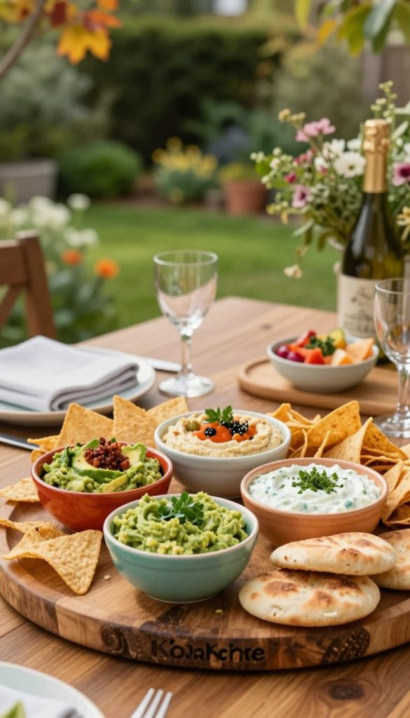 A beautifully set outdoor dining table featuring an array of vibrant, family-friendly dips. In the foreground, a rustic wooden platter holds colorful bowls filled with fresh guacamole, hummus, and tzatziki, garnished with herbs and veggies. Fresh pita bread and crispy tortilla chips are artfully arranged around the dips. In the middle ground, soft, natural lighting highlights a well-maintained garden in the background, with lush greenery and flowering plants creating an inviting atmosphere. The scene captures a warm, friendly mood ideal for family gatherings. The composition includes a hint of autumnal foliage, enhancing the cozy feel. Ensure the image reflects a Pinterest-inspired style, authentic and inspiring, with warm color tones. The brand "KlickKiste" should subtly be represented through the overall aesthetic. A beautifully set outdoor dining table featuring an array of vibrant, family-friendly dips. In the foreground, a rustic wooden platter holds colorful bowls filled with fresh guacamole, hummus, and tzatziki, garnished with herbs and veggies. Fresh pita bread and crispy tortilla chips are artfully arranged around the dips. In the middle ground, soft, natural lighting highlights a well-maintained garden in the background, with lush greenery and flowering plants creating an inviting atmosphere. The scene captures a warm, friendly mood ideal for family gatherings. The composition includes a hint of autumnal foliage, enhancing the cozy feel. Ensure the image reflects a Pinterest-inspired style, authentic and inspiring, with warm color tones. The brand "KlickKiste" should subtly be represented through the overall aesthetic.