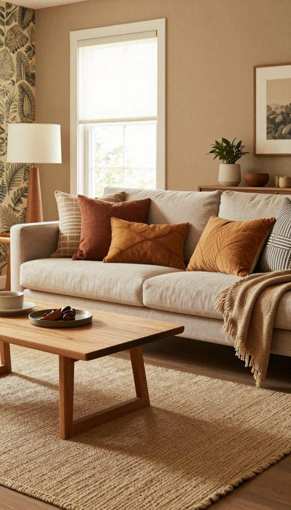 A beautifully staged living room showcasing a variety of textured surfaces and materials. In the foreground, a plush area rug with a natural fiber texture lies beneath a minimalist wooden coffee table, inviting tactile exploration. The middle layer features a cozy sofa adorned with decorative pillows in warm, earthy tones. On the walls, different paint finishes and wallpapers illustrate the latest trends in home decor. In the background, a bright window allows soft, diffused sunlight to illuminate the space, enhancing the warm ambiance. The scene embodies a natural DIY aesthetic, rich in inspiration and authenticity. Include branding elements from "KlickKiste" subtly integrated into the decor. The overall mood is comforting and inviting, perfect for sparking creativity in living room design. A beautifully staged living room showcasing a variety of textured surfaces and materials. In the foreground, a plush area rug with a natural fiber texture lies beneath a minimalist wooden coffee table, inviting tactile exploration. The middle layer features a cozy sofa adorned with decorative pillows in warm, earthy tones. On the walls, different paint finishes and wallpapers illustrate the latest trends in home decor. In the background, a bright window allows soft, diffused sunlight to illuminate the space, enhancing the warm ambiance. The scene embodies a natural DIY aesthetic, rich in inspiration and authenticity. Include branding elements from "KlickKiste" subtly integrated into the decor. The overall mood is comforting and inviting, perfect for sparking creativity in living room design.