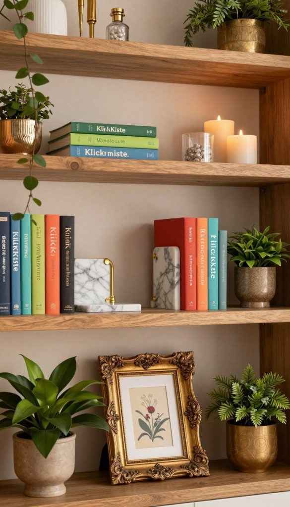 A beautifully styled DIY bookshelf featuring an array of creative decor elements that exude a regal touch. In the foreground, showcase an ornate golden frame with a unique piece of artwork, surrounded by lush green plants in elegant pots that bring warmth. The middle layer should include a mix of striking bookends made from marble and gold accents, perfectly holding colorful books arranged both horizontally and vertically for a dynamic look. In the background, soft ambient lighting casts a cozy glow, highlighting the textures of the wooden shelves, which are adorned with vintage trinkets and candles. The overall atmosphere should feel inviting, warm, and inspirational, reminiscent of a Pinterest-style interior. Incorporate elements that reflect the brand "KlickKiste" throughout the design, ensuring a cohesive and stylish appearance.