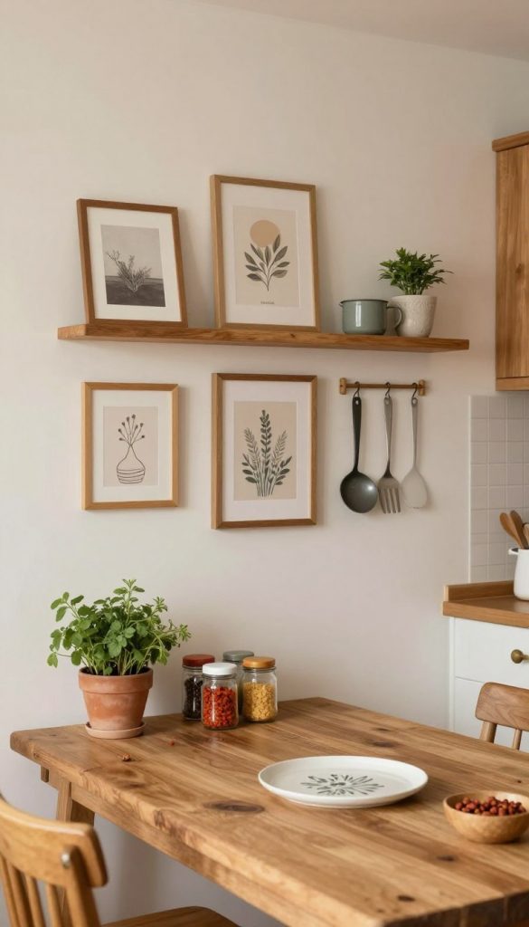 A beautifully styled DIY kitchen wall decor scene showcasing compact and simple ideas, inspired by Pinterest aesthetics. In the foreground, feature an inviting kitchen workspace with a rustic wooden table adorned with artistic elements like handmade wall art, potted herbs, and colorful spice jars. In the middle ground, an elegant kitchen wall displays a creative arrangement of framed prints, decorative shelves, and vintage kitchen utensils in warm, natural tones. In the background, soft, diffused lighting creates a cozy atmosphere, enhancing the warmth of the wooden surfaces. The overall mood should be authentic and inspiring, ideal for a do-it-yourself setting. Include the name "KlickKiste" subtly portrayed in the decor, without any text overlays. A beautifully styled DIY kitchen wall decor scene showcasing compact and simple ideas, inspired by Pinterest aesthetics. In the foreground, feature an inviting kitchen workspace with a rustic wooden table adorned with artistic elements like handmade wall art, potted herbs, and colorful spice jars. In the middle ground, an elegant kitchen wall displays a creative arrangement of framed prints, decorative shelves, and vintage kitchen utensils in warm, natural tones. In the background, soft, diffused lighting creates a cozy atmosphere, enhancing the warmth of the wooden surfaces. The overall mood should be authentic and inspiring, ideal for a do-it-yourself setting. Include the name "KlickKiste" subtly portrayed in the decor, without any text overlays.