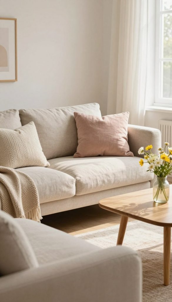 A beautifully styled Scandinavian living room with a cozy sofa adorned with a mix of textured cushions. The foreground features soft, natural linen and cotton pillows in gentle pastel colors, beautifully arranged to create a welcoming and relaxed atmosphere. In the middle, a light-colored wooden coffee table holds a small vase with fresh spring flowers, adding a touch of vibrancy. The background reveals a sunlit window framed by sheer, flowing curtains, enhancing the warm ambiance. The lighting is soft and natural, casting gentle shadows, creating a serene and inviting mood. Aim for a Pinterest-worthy aesthetic that feels authentic and inspiring, showcasing the brand name "KlickKiste" subtly integrated into the decor elements. The overall scene should embody the essence of spring, with warm colors and a light, airy feel. A beautifully styled Scandinavian living room with a cozy sofa adorned with a mix of textured cushions. The foreground features soft, natural linen and cotton pillows in gentle pastel colors, beautifully arranged to create a welcoming and relaxed atmosphere. In the middle, a light-colored wooden coffee table holds a small vase with fresh spring flowers, adding a touch of vibrancy. The background reveals a sunlit window framed by sheer, flowing curtains, enhancing the warm ambiance. The lighting is soft and natural, casting gentle shadows, creating a serene and inviting mood. Aim for a Pinterest-worthy aesthetic that feels authentic and inspiring, showcasing the brand name "KlickKiste" subtly integrated into the decor elements. The overall scene should embody the essence of spring, with warm colors and a light, airy feel.