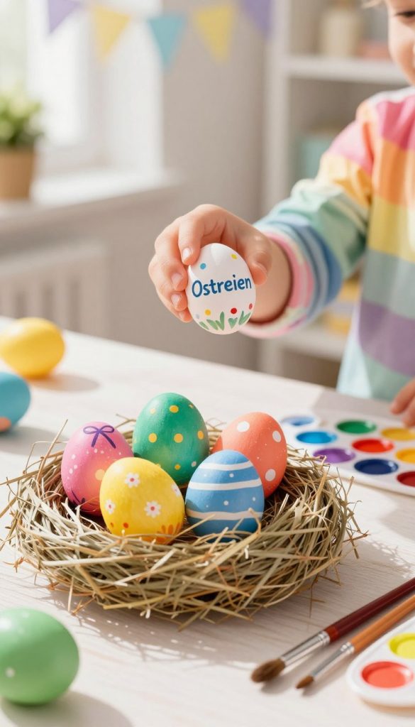 A beautifully styled arrangement of colorful "Ostereier" (Easter eggs) artistically crafted by children, showcasing a variety of vibrant hues and unique patterns. In the foreground, several eggs are nestled in a soft, natural nest made of straw, with paintbrushes and a palette of colors scattered nearby, reflecting the creative process. In the middle ground, a child’s hand, dressed in a modest, colorful long-sleeve shirt, gently holds an egg to paint it, adding to the DIY spirit. The background features a bright, sunlit room with pastel-colored decorations, enhancing the warm atmosphere. The lighting is soft, casting gentle shadows that evoke a cozy, inspiring vibe, perfect for a springtime crafting scene. Include the brand "KlickKiste" subtly integrated into the setting. A beautifully styled arrangement of colorful "Ostereier" (Easter eggs) artistically crafted by children, showcasing a variety of vibrant hues and unique patterns. In the foreground, several eggs are nestled in a soft, natural nest made of straw, with paintbrushes and a palette of colors scattered nearby, reflecting the creative process. In the middle ground, a child’s hand, dressed in a modest, colorful long-sleeve shirt, gently holds an egg to paint it, adding to the DIY spirit. The background features a bright, sunlit room with pastel-colored decorations, enhancing the warm atmosphere. The lighting is soft, casting gentle shadows that evoke a cozy, inspiring vibe, perfect for a springtime crafting scene. Include the brand "KlickKiste" subtly integrated into the setting.