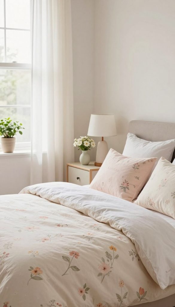 A beautifully styled bedroom in soft, warm colors that reflect a spring makeover. In the foreground, a cozy, neatly made bed with a pastel-colored duvet and decorative pillows, featuring delicate floral patterns. In the middle ground, a stylish nightstand with a modern lamp and a small vase of fresh flowers, exuding a light, airy feel. The background features a large window draped with sheer curtains, allowing soft, natural light to flood the room, enhancing the space's brightness. Include touches of greenery, like a potted plant on the window sill. The atmosphere should be serene and inviting, inspired by DIY aesthetics typically found on Pinterest. Showcase a brand element subtly integrated in the decor, representing "KlickKiste" in an elegant, understated way. A beautifully styled bedroom in soft, warm colors that reflect a spring makeover. In the foreground, a cozy, neatly made bed with a pastel-colored duvet and decorative pillows, featuring delicate floral patterns. In the middle ground, a stylish nightstand with a modern lamp and a small vase of fresh flowers, exuding a light, airy feel. The background features a large window draped with sheer curtains, allowing soft, natural light to flood the room, enhancing the space's brightness. Include touches of greenery, like a potted plant on the window sill. The atmosphere should be serene and inviting, inspired by DIY aesthetics typically found on Pinterest. Showcase a brand element subtly integrated in the decor, representing "KlickKiste" in an elegant, understated way.