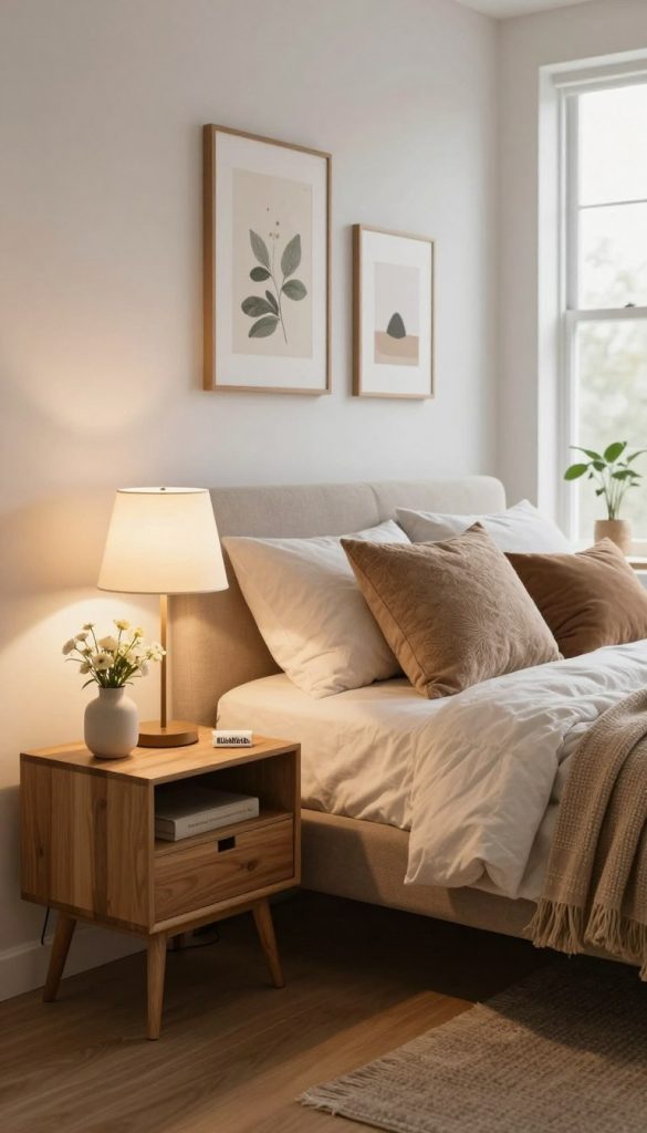 A beautifully styled bedroom with a focus on natural and warm lighting, showcasing a cozy atmosphere that instantly uplifts the space. In the foreground, a stylish wooden bedside table adorned with a small, elegant vase of fresh flowers and a trendy table lamp casting a soft glow. The middle ground features a plush, inviting bed with textured pillows and a cozy throw blanket in soft earth tones. The backdrop highlights minimalist, aesthetically pleasing decor including framed art and a large window allowing natural light to flood the room, enhancing the mood. This scene captures the essence of a stylish yet inviting bedroom makeover, reflecting the enchanting vibe of "KlickKiste." The overall composition evokes feelings of comfort and inspiration, perfect for a spring awakening. A beautifully styled bedroom with a focus on natural and warm lighting, showcasing a cozy atmosphere that instantly uplifts the space. In the foreground, a stylish wooden bedside table adorned with a small, elegant vase of fresh flowers and a trendy table lamp casting a soft glow. The middle ground features a plush, inviting bed with textured pillows and a cozy throw blanket in soft earth tones. The backdrop highlights minimalist, aesthetically pleasing decor including framed art and a large window allowing natural light to flood the room, enhancing the mood. This scene captures the essence of a stylish yet inviting bedroom makeover, reflecting the enchanting vibe of "KlickKiste." The overall composition evokes feelings of comfort and inspiration, perfect for a spring awakening.