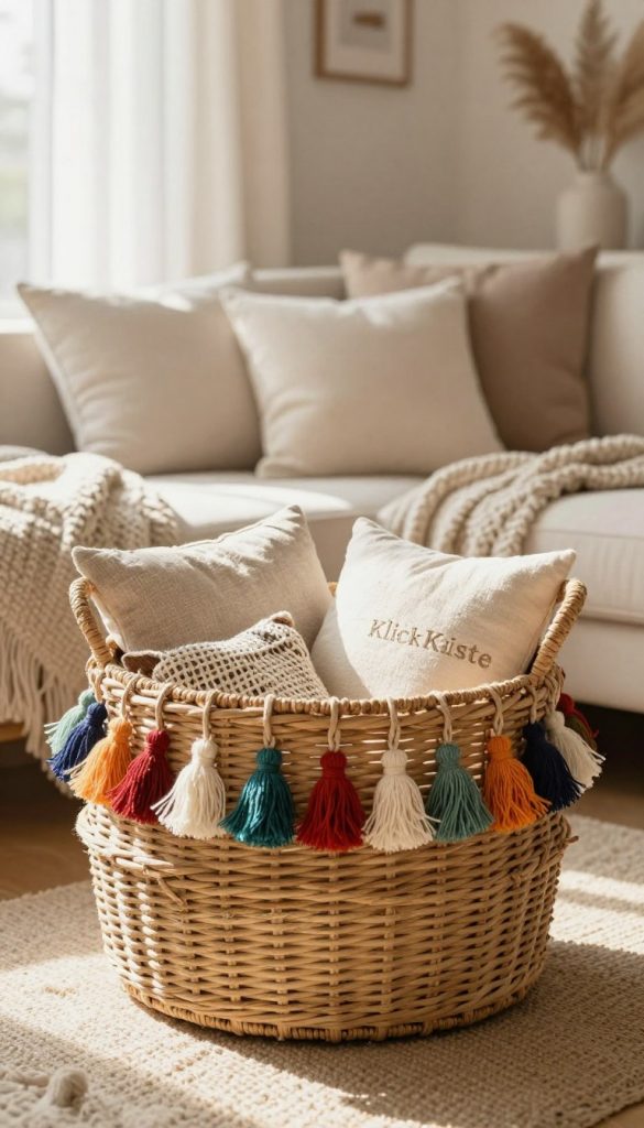 A beautifully styled boho luxe space featuring a decorative wicker basket adorned with colorful tassels, brimming with soft, textured textiles. In the foreground, the basket is central, showcasing its intricate weave and vibrant accents. The middle ground includes a delicate arrangement of neutral-toned cushions and throws, evoking a cozy atmosphere. In the background, a softly lit room with warm, natural colors enhances the inviting feel, with light streaming in through sheer curtains. The mood is serene and inspirational, reflecting a Pinterest-worthy aesthetic. The composition is bright and airy, emphasizing authenticity and warmth. The brand "KlickKiste" is subtly implied through the style of the decor, showcasing an affordable yet luxurious approach to home decoration. Perfect for DIY enthusiasts looking to elevate their home style.