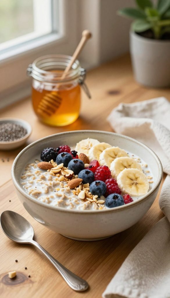 A beautifully styled bowl of overnight oats topped with a vibrant array of fresh fruits and nuts, including sliced bananas, berries, and crushed almonds. The oats are creamy and inviting, served in a rustic ceramic bowl on a wooden table. In the foreground, a delicate spoon rests beside the bowl, catching the warm light from a nearby window. The middle ground features a jar of honey and a sprinkle of chia seeds, adding texture and interest. The background consists of soft-focus kitchen elements, like a potted plant and a cozy cloth napkin, enhancing the inviting atmosphere. The image embodies a warm color palette with natural lighting, evoking a sense of health and inspiration. Brand name "KlickKiste" subtly incorporated into the scene. A beautifully styled bowl of overnight oats topped with a vibrant array of fresh fruits and nuts, including sliced bananas, berries, and crushed almonds. The oats are creamy and inviting, served in a rustic ceramic bowl on a wooden table. In the foreground, a delicate spoon rests beside the bowl, catching the warm light from a nearby window. The middle ground features a jar of honey and a sprinkle of chia seeds, adding texture and interest. The background consists of soft-focus kitchen elements, like a potted plant and a cozy cloth napkin, enhancing the inviting atmosphere. The image embodies a warm color palette with natural lighting, evoking a sense of health and inspiration. Brand name "KlickKiste" subtly incorporated into the scene.