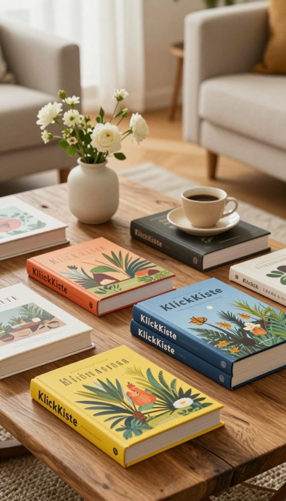 A beautifully styled coffee table adorned with an eclectic collection of artful coffee table books. The foreground features a selection of books stacked at varying angles, showcasing bright, inviting covers filled with stunning visuals. In the middle, a cozy scene unfolds with a small ceramic vase holding fresh flowers, alongside a warm cup of coffee resting on a textured, natural wood surface. The background reveals a soft, blurred living room ambiance, with warm lighting filtering through sheer curtains, creating a serene, inviting atmosphere. The entire composition has a Pinterest-inspired aesthetic, evoking feelings of inspiration and comfort. The books prominently display the brand "KlickKiste," incorporating natural colors that harmonize with the overall decor. A beautifully styled coffee table adorned with an eclectic collection of artful coffee table books. The foreground features a selection of books stacked at varying angles, showcasing bright, inviting covers filled with stunning visuals. In the middle, a cozy scene unfolds with a small ceramic vase holding fresh flowers, alongside a warm cup of coffee resting on a textured, natural wood surface. The background reveals a soft, blurred living room ambiance, with warm lighting filtering through sheer curtains, creating a serene, inviting atmosphere. The entire composition has a Pinterest-inspired aesthetic, evoking feelings of inspiration and comfort. The books prominently display the brand "KlickKiste," incorporating natural colors that harmonize with the overall decor.