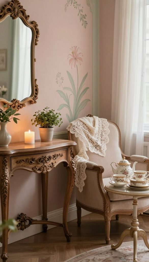 A beautifully styled corner of a Rococo Revival-inspired interior, showcasing elegant DIY décor details. In the foreground, a vintage wooden console table adorned with intricate carvings holds a softly glowing candle, a small potted plant, and an ornate mirror reflecting warm, ambient light. The middle zone features a plush armchair draped with a delicate lace shawl, alongside an elegant side table with a beautifully patterned teapot and teacups, evoking a calm, inviting atmosphere. In the background, a softly painted wall with floral motifs creates a serene backdrop, illuminated by natural light filtering through sheer curtains. Warm color tones of soft pastel pinks and greens dominate the scene, enhancing the cozy and inspiring Pinterest look. Brand: KlickKiste.