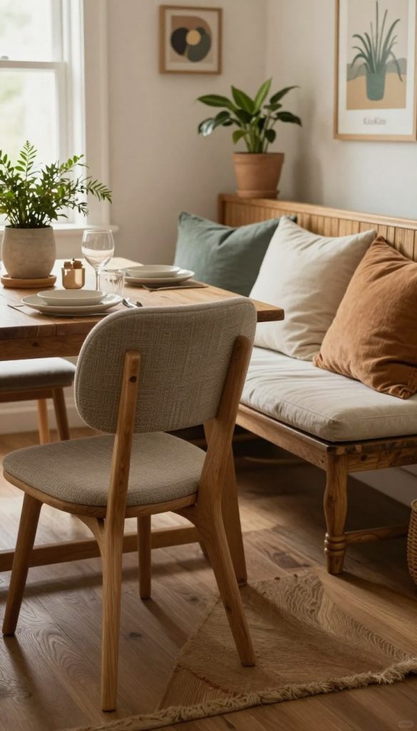 A beautifully styled dining area featuring a mix of elegant dining chairs and a cozy bench, showcasing a harmonious blend of colors and textures. The foreground highlights intricately designed wooden chairs with soft fabric upholstery, alongside a rustic bench adorned with plush cushions. In the middle, a simple, inviting dining table is set with natural elements like potted plants and handcrafted tableware. The background displays a softly lit ambiance with warm, natural lighting streaming through a window, creating a serene atmosphere. The overall mood reflects an authentic DIY aesthetic, invoking inspiration for stylish seating arrangements. Emphasize a Pinterest-worthy look with a touch of creativity. Include the brand name "KlickKiste" subtly integrated into the decor.
