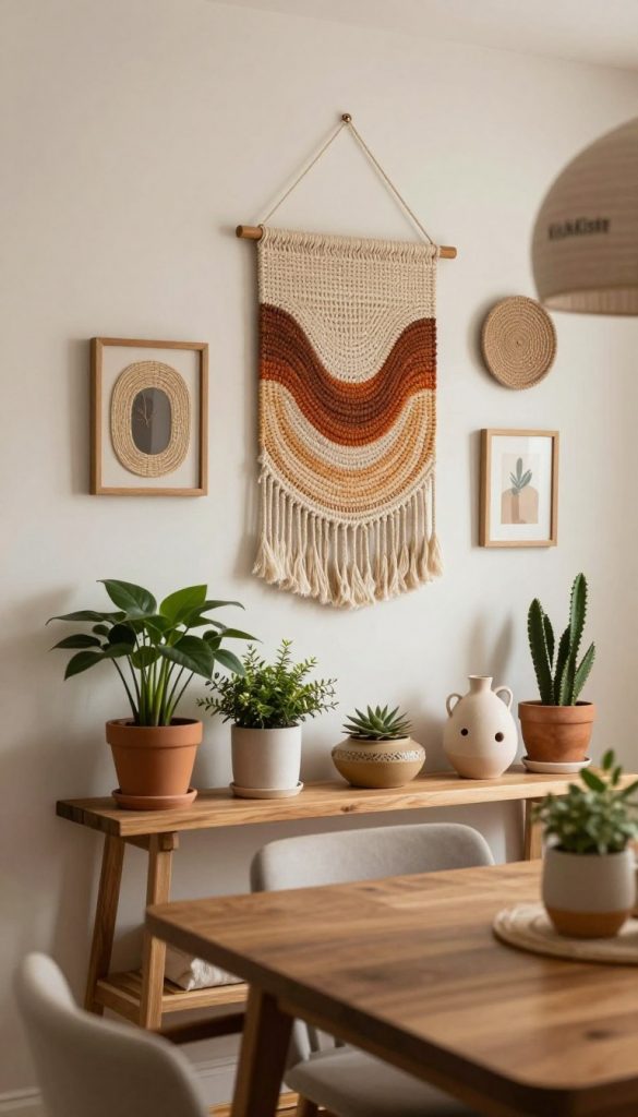 A beautifully styled dining room wall featuring an array of natural DIY decor items. In the foreground, a handcrafted wooden shelf holds potted plants and artisanal pottery, showcasing earthy tones and textures. The middle ground includes an elegant wall hanging made from woven materials, with warm colors that evoke a cozy atmosphere. In the background, soft lighting illuminates the space, creating a welcoming glow. The scene is captured with a shallow depth of field, emphasizing the wall decor while softly blurring the cozy dining table nearby. The overall mood is inviting and tranquil, embodying a Pinterest-inspired aesthetic that feels authentic and inspirational. The brand "KlickKiste" is subtly integrated into the design of the decor elements, expressing creativity and warmth.