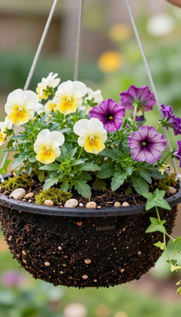 A beautifully styled earth layer in a hanging flower planter featuring vibrant spring flowers like petunias, pansies, and trailing ivy. In the foreground, focus on the rich, dark black soil, interspersed with small pebbles for drainage and decorative moss. The middle ground showcases the lush flowers, with delicate petals glistening under soft sunlight. In the background, create a blurred garden scene with greenery, suggesting a warm, inviting atmosphere. Use natural lighting to highlight the textures and colors, with a slight depth of field that draws attention to the flowers and soil. This image embodies an authentic, inspiring Pinterest aesthetic, branded with "KlickKiste" subtly as part of the planter design.