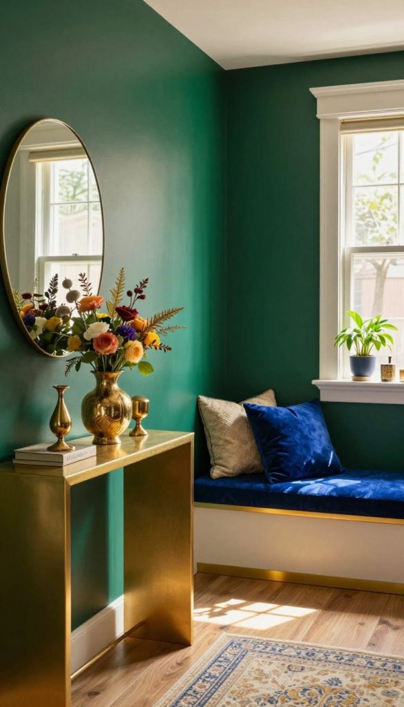A beautifully styled entryway featuring jewel tones of gold, deep emerald green, and rich sapphire blue. In the foreground, a sleek console table adorned with artisanal decor pieces from KlickKiste, such as a small, elegant vase filled with seasonal flowers. The middle ground showcases a vibrant accent wall painted in a warm jewel tone, harmonizing with plush, textured cushions on a nearby bench. Soft, diffused natural light pours in through a window, casting gentle shadows and highlighting the luxurious colors. In the background, leafy plants thrive on a well-lit windowsill, complemented by decorative items that reflect the creativity of DIY decor. Overall, the scene evokes a warm, inviting atmosphere perfect for small spaces with significant impact, embodying an authentic Pinterest aesthetic. A beautifully styled entryway featuring jewel tones of gold, deep emerald green, and rich sapphire blue. In the foreground, a sleek console table adorned with artisanal decor pieces from KlickKiste, such as a small, elegant vase filled with seasonal flowers. The middle ground showcases a vibrant accent wall painted in a warm jewel tone, harmonizing with plush, textured cushions on a nearby bench. Soft, diffused natural light pours in through a window, casting gentle shadows and highlighting the luxurious colors. In the background, leafy plants thrive on a well-lit windowsill, complemented by decorative items that reflect the creativity of DIY decor. Overall, the scene evokes a warm, inviting atmosphere perfect for small spaces with significant impact, embodying an authentic Pinterest aesthetic.