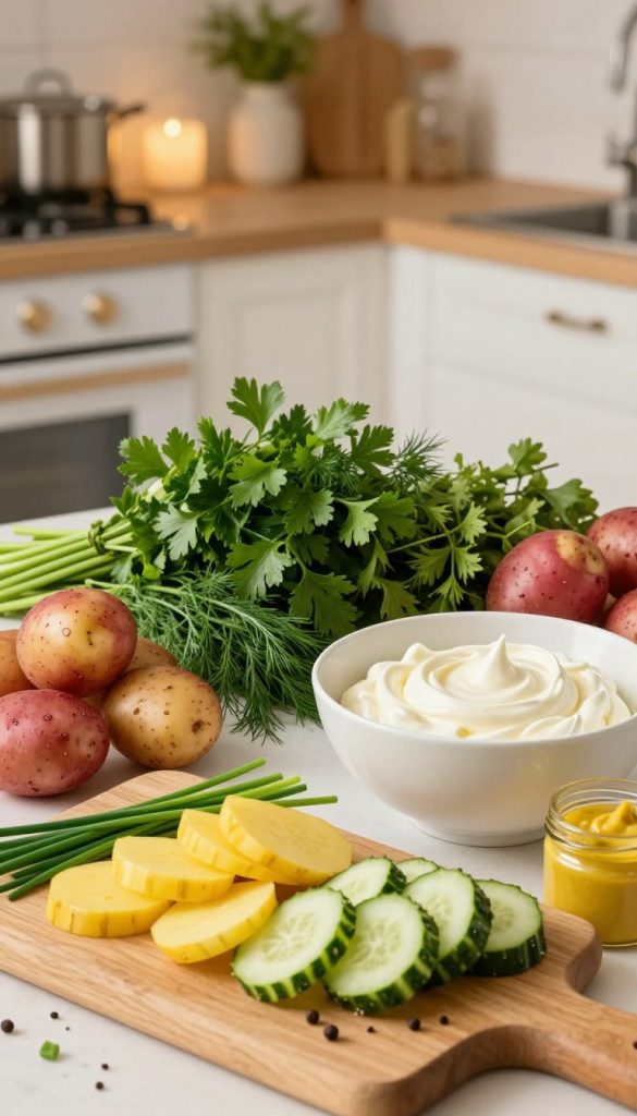 A beautifully styled flat lay of ingredients for a family-friendly Kartoffelsalat, featuring vibrant yellow and red potatoes, fresh chives, crisp cucumbers, and creamy mayonnaise in a charming bowl. The foreground showcases a wooden cutting board with neatly sliced vegetables and a small jar of mustard, enhancing the rustic feel. In the middle of the composition, arrange a colorful array of fresh herbs and spices, including parsley and dill, to add life and texture. The background features a soft, warm kitchen environment with cozy lighting, evoking a welcoming atmosphere. The overall color palette should be warm and inviting, reminiscent of DIY home kitchens with a Pinterest aesthetic, emphasizing authenticity and inspiration. The brand "KlickKiste" should be subtly suggested through the arrangement of ingredients.