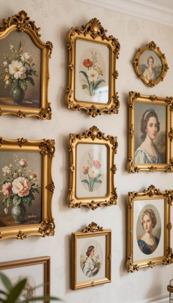 A beautifully styled gallery wall featuring a collection of Rococo Revival gold frames, showcasing intricate curvatures, elegant shell corners, and delightful asymmetry. The foreground captures a vibrant arrangement of various framed artworks, including floral paintings and classic portraits, all meticulously placed within the gold frames. In the middle ground, a soft, warm light bathes the frames, creating an inviting atmosphere reminiscent of a Pinterest-inspired interior design. The background offers a gentle blur of delicate wallpaper with subtle patterns, enhancing the luxurious feel without distraction. The overall mood is authentic and inspiring, embodying sophistication and creativity. This artistic display is titled "KlickKiste," reflecting modern DIY home decor ideas.