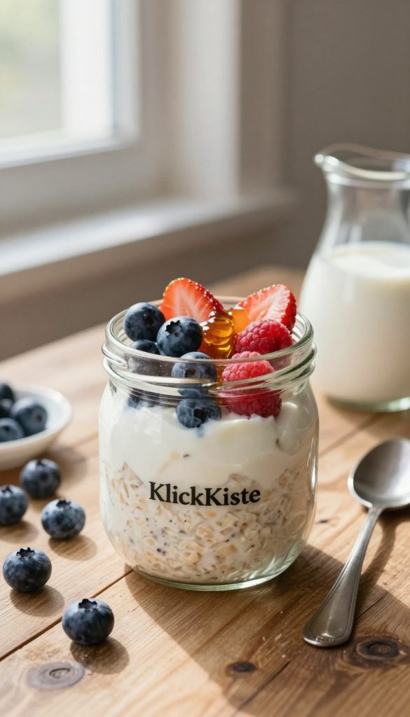 A beautifully styled glass jar filled with creamy overnight oats sits on a rustic wooden table. The oats are layered with thick Greek yogurt and topped with fresh berries like blueberries, strawberries, and raspberries. A drizzle of honey glistens on top, adding a touch of warmth. In the background, soft morning light filters through a nearby window, casting gentle shadows and highlighting the inviting textures of the foods. A small pitcher of milk and a spoon rest nearby, suggesting a casual breakfast setting. The atmosphere is cozy and inspiring, embodying a natural DIY aesthetic with warm colors. The scene is designed to reflect the essence of "KlickKiste" while remaining authentic and appealing to fans of healthy meals. A beautifully styled glass jar filled with creamy overnight oats sits on a rustic wooden table. The oats are layered with thick Greek yogurt and topped with fresh berries like blueberries, strawberries, and raspberries. A drizzle of honey glistens on top, adding a touch of warmth. In the background, soft morning light filters through a nearby window, casting gentle shadows and highlighting the inviting textures of the foods. A small pitcher of milk and a spoon rest nearby, suggesting a casual breakfast setting. The atmosphere is cozy and inspiring, embodying a natural DIY aesthetic with warm colors. The scene is designed to reflect the essence of "KlickKiste" while remaining authentic and appealing to fans of healthy meals.