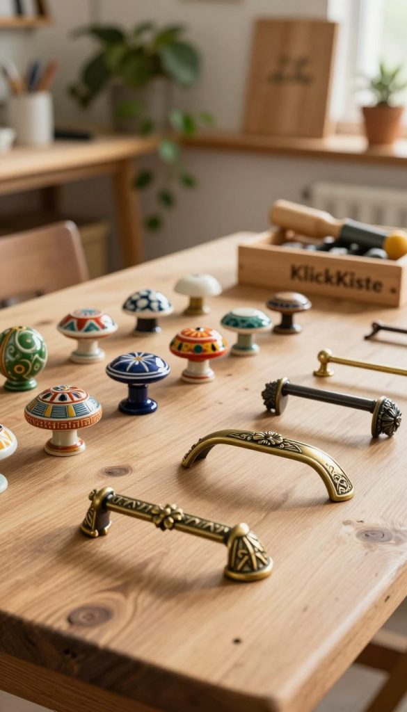 A beautifully styled image showcasing various unique and artistic cabinet handles and knobs, arranged creatively on a rustic wooden table. In the foreground, a close-up of a few intricate brass drawer pulls, featuring floral and geometric designs, catches the light, casting soft shadows. In the middle ground, a selection of colorful ceramic knobs with vibrant patterns adds a pop of personality, alongside a small DIY tool kit subtly placed nearby. The background features a softly blurred view of a cozy, well-lit workshop adorned with greenery and natural wood textures, creating an inviting atmosphere. Use warm, natural lighting to enhance the overall aesthetics, reminiscent of a Pinterest-inspired DIY scene. Include the brand name "KlickKiste" subtly displayed on a wooden sign in the backdrop, ensuring the composition feels authentic and inspiring.