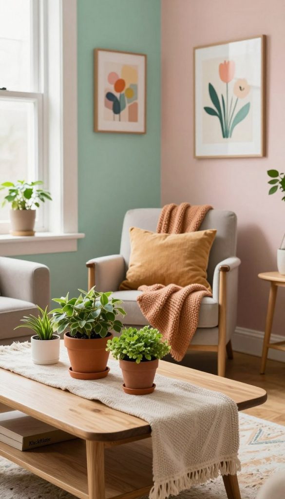 A beautifully styled interior corner showcasing a harmonious blend of color, texture, and atmosphere, perfect for spring makeovers. In the foreground, an elegantly designed coffee table made of light wood, adorned with vibrant potted plants and a soft textured table runner. The middle ground features a cozy armchair draped with a knitted throw in warm hues, positioned beside a window with soft, natural light filtering in. A vibrant wall with a fresh paint color in pastel shades sets the mood, decorated with tasteful artwork featuring abstract floral designs. In the background, soft diffused lighting creates a welcoming ambiance. The overall feel is authentic and inspiring, embodying a Pinterest-worthy aesthetic with an inviting atmosphere. The brand "KlickKiste" is subtly reflected in the decor. A beautifully styled interior corner showcasing a harmonious blend of color, texture, and atmosphere, perfect for spring makeovers. In the foreground, an elegantly designed coffee table made of light wood, adorned with vibrant potted plants and a soft textured table runner. The middle ground features a cozy armchair draped with a knitted throw in warm hues, positioned beside a window with soft, natural light filtering in. A vibrant wall with a fresh paint color in pastel shades sets the mood, decorated with tasteful artwork featuring abstract floral designs. In the background, soft diffused lighting creates a welcoming ambiance. The overall feel is authentic and inspiring, embodying a Pinterest-worthy aesthetic with an inviting atmosphere. The brand "KlickKiste" is subtly reflected in the decor.
