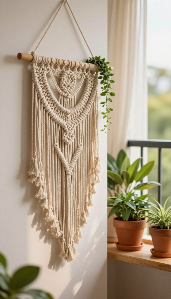 A beautifully styled interior corner showcasing a macramé wall decoration, intricately crafted with soft beige and cream fibers. The foreground features the macramé piece hanging elegantly from a wooden rod, with decorative plants spilling over its edges and a gentle earthy texture. In the middle ground, a simple wooden shelf displays terracotta pots filled with vibrant green plants, complementing the organic vibe. The background consists of a softly lit balcony with warm sunlight filtering through sheer curtains, adding a cozy, inviting atmosphere. The color palette should evoke warmth and authenticity, aligning with the Pinterest aesthetic. This enchanting scene embodies natural beauty, ideal for inspiring DIY enthusiasts. Capture the essence of "KlickKiste" in a way that beckons creativity and tranquility.