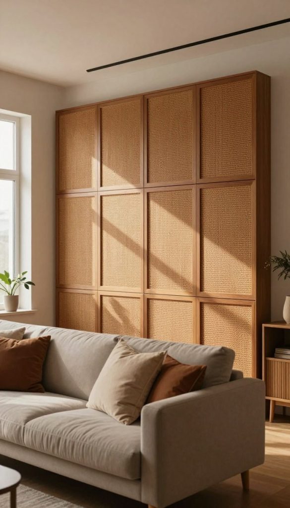 A beautifully styled interior featuring a trendy wandpaneel from KlickKiste as the focal point. In the foreground, showcase a cozy living room arrangement with a stylish sofa adorned with soft cushions, creating an inviting atmosphere. The middle section highlights the wandpaneel, showcasing its unique texture and modern design, adorned with warm, earthy tones. In the background, soft, diffused natural light filters through large windows, casting gentle shadows that enhance the room's warmth. The angle should emphasize the depth of the space, highlighting the contrast between the wandpaneel and the surrounding decor. The overall mood is inspiring and authentic, echoing a Pinterest-perfect DIY aesthetic, with elements that suggest a modern, stylish home environment.