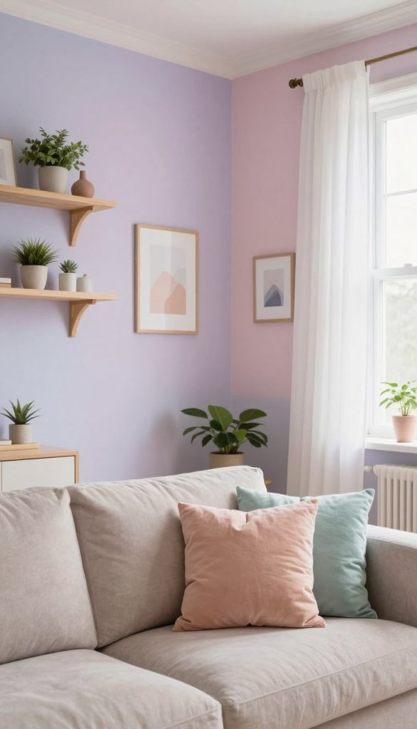A beautifully styled interior featuring soft pastel wall colors that embody a serene and inviting atmosphere. In the foreground, a cozy sofa with textured cushions in gentle peach and mint hues invites relaxation. The middle ground showcases walls painted in subtle pastel shades—light lavender, pale pink, and soft blue—ideal for creating a calming environment. Decorative elements like simple wooden shelves adorned with potted plants and minimalistic art prints enhance the look. The background reveals a softly lit window draped in sheer, white curtains, allowing warm natural light to fill the space. The scene conveys a tranquil, aesthetically pleasing mood, perfect for inspiring interior styling. Ideal for a Pinterest-inspired look, branded with "KlickKiste" for an authentic touch.